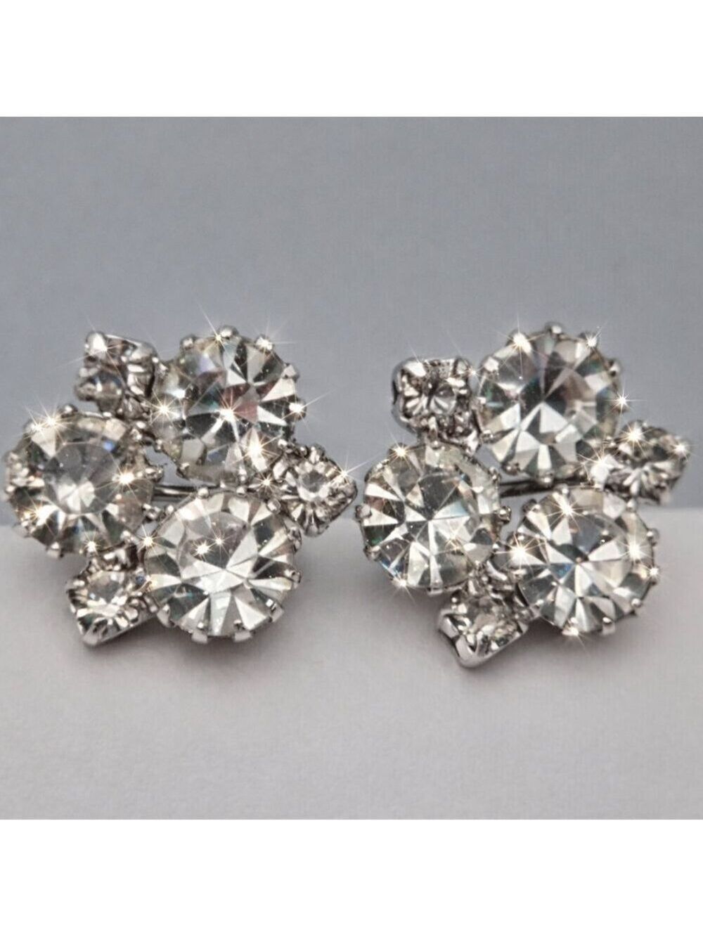 Vintage Rhinestone Screw Back Earrings Silver-Tone Cluster Bridal Wedding